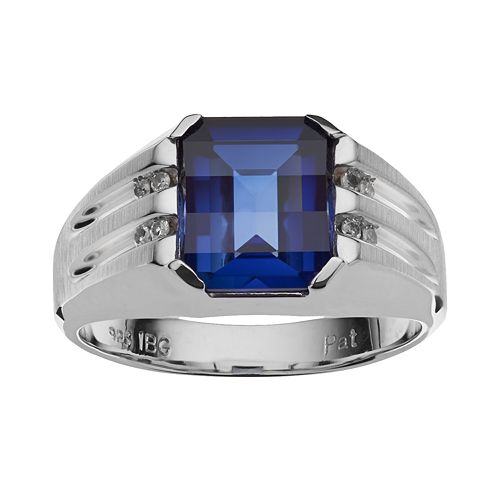 Sterling Silver LabCreated Sapphire & Diamond Accent Ring Men
