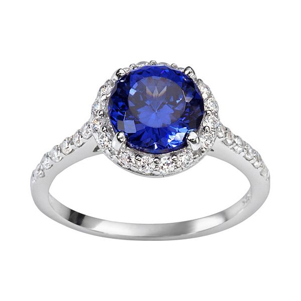 Sophie Miller Sterling Silver Blue & White Cubic Zirconia Halo Ring