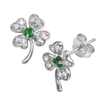Sophie Miller Sterling Silver Green & White Cubic Zirconia Four-Leaf Clover Stud Earrings