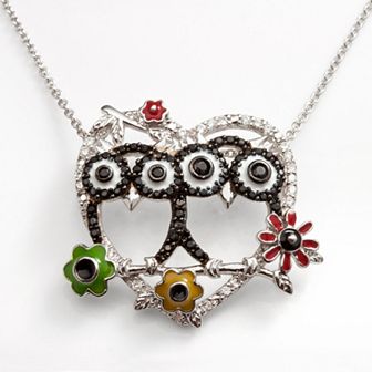 Sophie Miller Sterling Silver Black & White Cubic Zirconia Owl & Heart Pendant