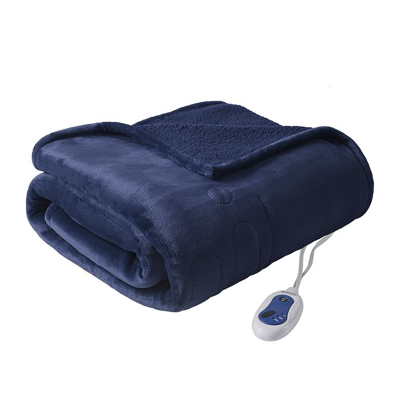 Beautyrest Oversized Reversible Heated Microlight to Berber Throw, Blue