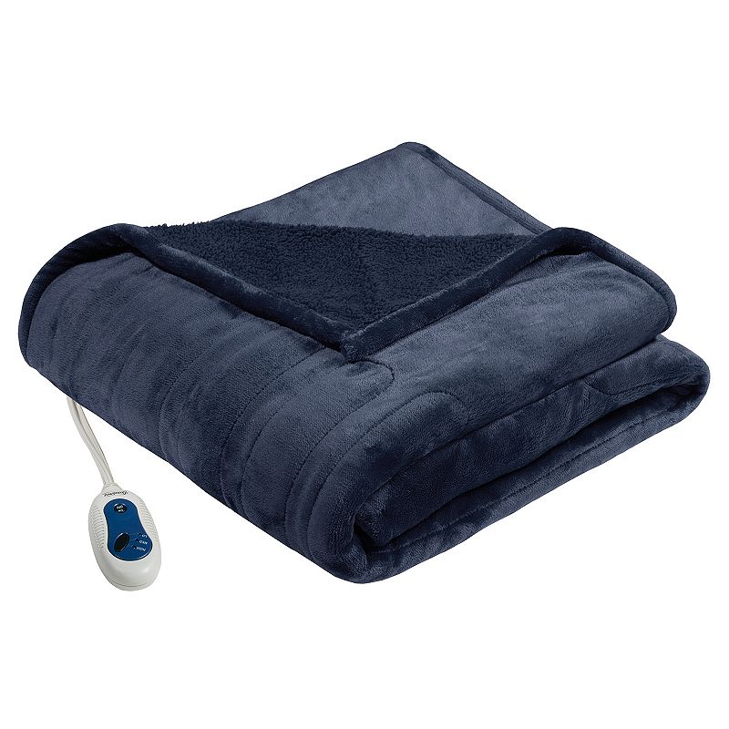 Beautyrest Oversized Reversible Heated Microlight to Berber Throw, Blue