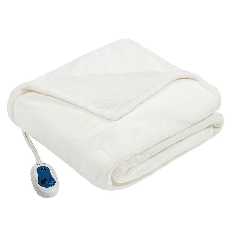 Beautyrest Oversized Reversible Heated Microlight to Berber Throw, White