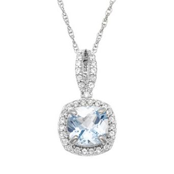 Sterling Silver Lab-Created Aquamarine and Lab-Created White Sapphire Square Halo Pendant Necklace