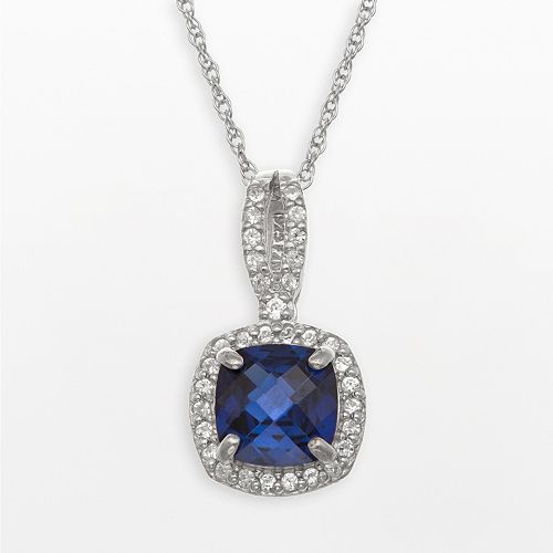 Sterling Silver Lab-Created Blue & White Sapphire Square Halo Pendant