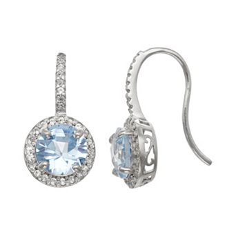 Sterling Silver Lab-Created Aquamarine and Lab-Created White Sapphire Halo Drop Earrings