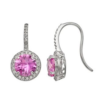 Sterling Silver Lab-Created Pink Sapphire and Lab-Created White Sapphire Halo Drop Earrings