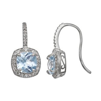 Sterling Silver Lab-Created Aquamarine and Lab-Created White Sapphire Halo Drop Earrings