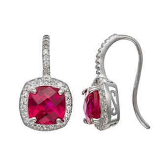 Sterling Silver Lab-Created Ruby and Lab-Created White Sapphire Halo Drop Earrings