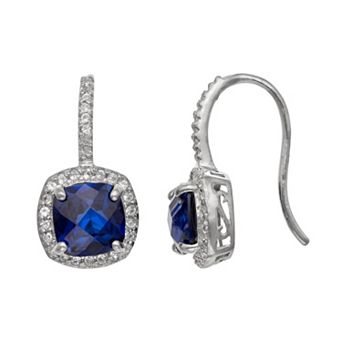 Sterling Silver Lab-Created Blue and White Sapphire Halo Drop Earrings