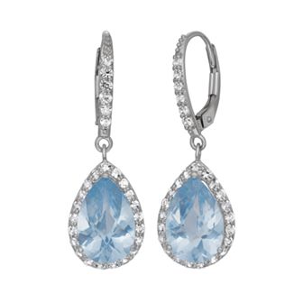 Lab-Created Aquamarine and Lab-Created White Sapphire Sterling Silver Halo Teardrop Earrings