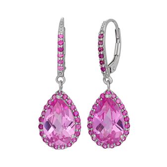 Lab-Created Pink Sapphire and Lab-Created Ruby Sterling Silver Halo Teardrop Earrings