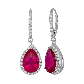 Lab-Created Ruby and Lab-Created White Sapphire Sterling Silver Halo Teardrop Earrings