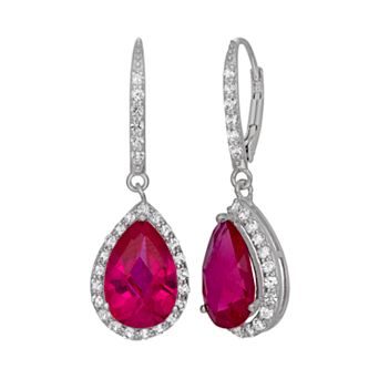 Lab-Created Ruby and Lab-Created White Sapphire Sterling Silver Halo Teardrop Earrings