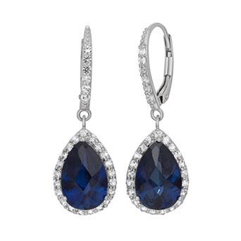 Lab-Created Blue and White Sapphire Sterling Silver Halo Teardrop Earrings