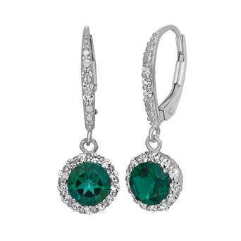 Lab-Created Emerald and Lab-Created White Sapphire Sterling Silver Halo Drop Earrings