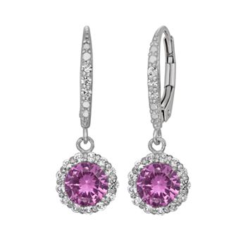Lab-Created Pink and White Sapphire Sterling Silver Halo Drop Earrings