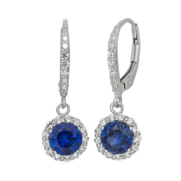 Lab-Created Blue and White Sapphire Sterling Silver Halo Drop Earrings