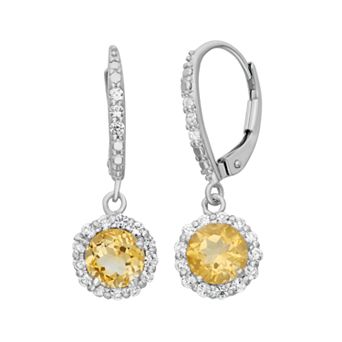 Citrine and Lab-Created White Sapphire Sterling Silver Halo Drop Earrings