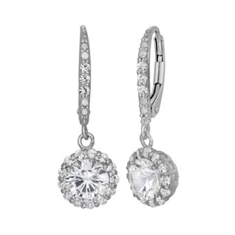 Lab-Created White Sapphire Sterling Silver Halo Drop Earrings