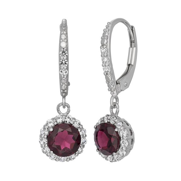 Garnet and Lab-Created White Sapphire Sterling Silver Halo Drop Earrings