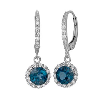 London Blue Topaz and Lab-Created White Sapphire Sterling Silver Halo Drop Earrings