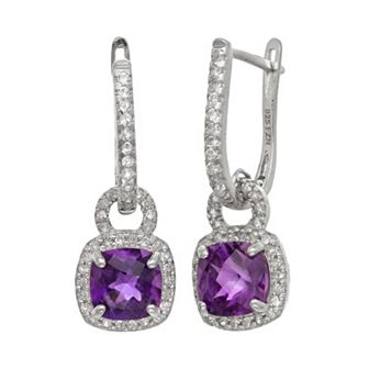 Sterling Silver Amethyst and Lab-Created White Sapphire Square Halo Drop Earrings