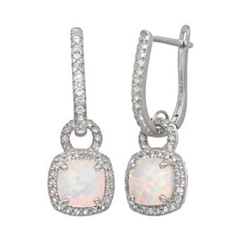 Sterling Silver Lab-Created Opal and Lab-Created White Sapphire Square Halo Drop Earrings