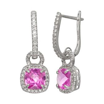 Sterling Silver Lab-Created Pink and White Sapphire Square Halo Drop Earrings