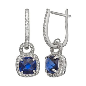 Designs by Gioelli Sterling Silver Lab-Created Blue and White Sapphire Square Halo Drop Earrings