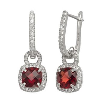 Designs by Gioelli Sterling Silver Garnet and Lab-Created White Sapphire Square Halo Drop Earrings