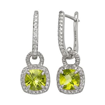 Sterling Silver Peridot and Lab-Created White Sapphire Square Halo Drop Earrings