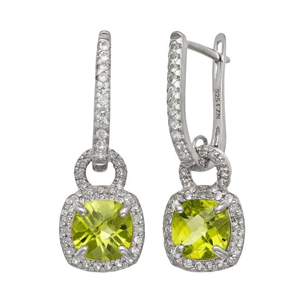 Sterling Silver Peridot and Lab-Created White Sapphire Square Halo Drop ...