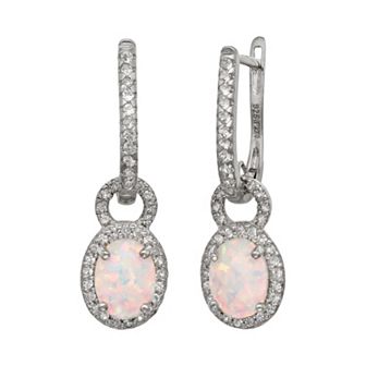 Sterling Silver Lab-Created Opal and Lab-Created White Sapphire Oval Halo Drop Earrings