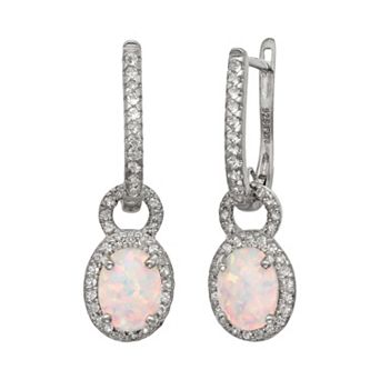 Sterling Silver Lab-Created Opal and Lab-Created White Sapphire Oval Halo Drop Earrings