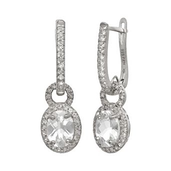 Sterling Silver Lab-Created White Sapphire Oval Halo Drop Earrings