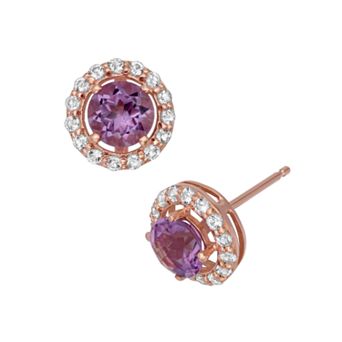 Amethyst and Lab-Created White Sapphire 14k Rose Gold Over Silver Halo Stud Earrings