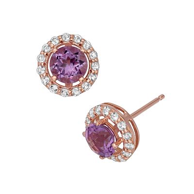 Amethyst and Lab Created White Sapphire 14k Rose Gold Over Silver Halo Stud Earrings