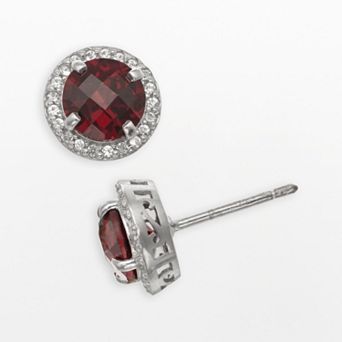 Sterling Silver Garnet and Lab-Created White Sapphire Halo Stud Earrings