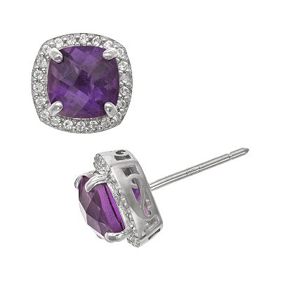 Sterling Silver Cushion Amethyst & Created White Sapphire Halo Earrings Sterling Silver Cushion Amethyst & Created White Sapphire Halo Earrings
