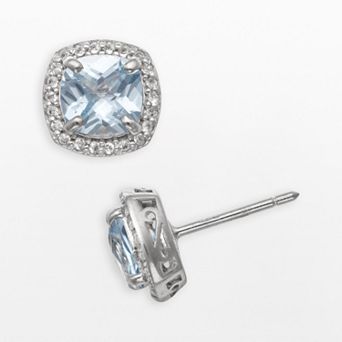 Sterling Silver Lab-Created Aquamarine and Lab-Created White Sapphire Halo Stud Earrings
