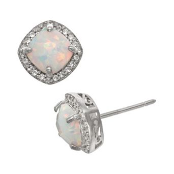 Sterling Silver Lab-Created Opal and Lab-Created White Sapphire Halo Stud Earrings