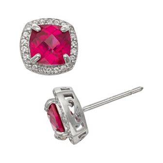Sterling Silver Lab-Created Ruby and Lab-Created White Sapphire Halo Stud Earrings