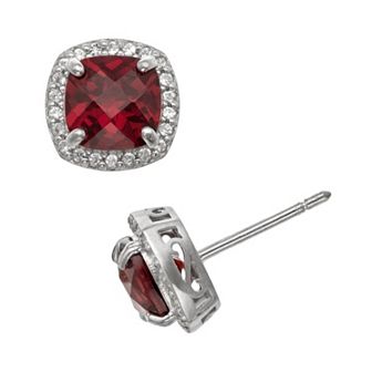 Sterling Silver Garnet and Lab-Created White Sapphire Halo Stud Earrings