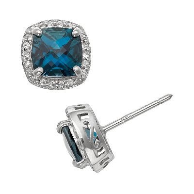 Sterling Silver Cushion Blue Topaz & Created White Sapphire Halo Earrings Sterling Silver Cushion Blue Topaz & Created White Sapphire Halo Earrings