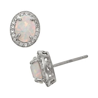 Sterling Silver Lab-Created Opal and Lab-Created White Sapphire Halo Stud Earrings