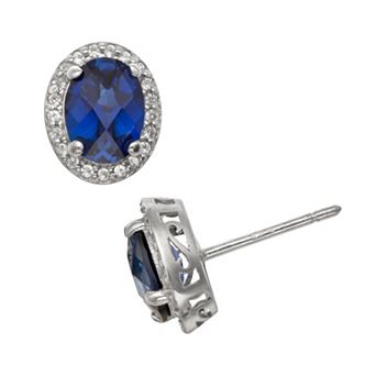 Sterling Silver Lab-Created Sapphire and Lab-Created White Sapphire Halo Stud Earrings