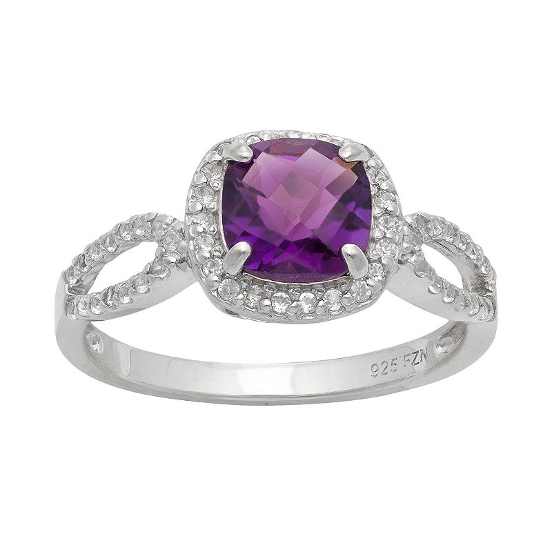 Sterling Silver Amethyst and Lab-Created White Sapphire Halo Ring, Womens,
