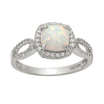 Designs by Gioelli Sterling Silver Lab-Created Opal and Lab-Created White Sapphire Halo Ring