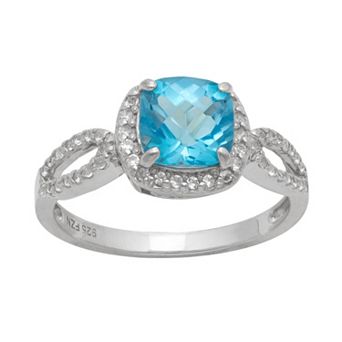 Sterling Silver Swiss Blue Topaz and Lab-Created White Sapphire Halo Ring